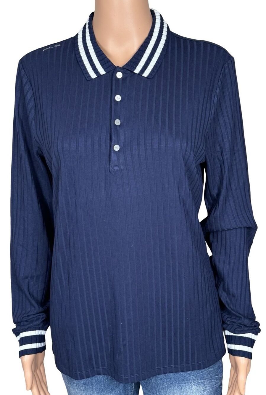 Ralph Lauren RLX Womens Large Polo Golf Concept Long Sleeve Ribbed Slim Fit Blue